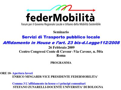 Roma. Servizi di Tpl, affidamento in house e art. 23 bis-d.l.egge112/2008: giovedì seminario Federmobilità