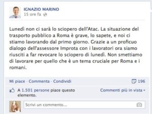 Marino su Facebook: “Lunedì non ci sarà lo sciopero Atac”